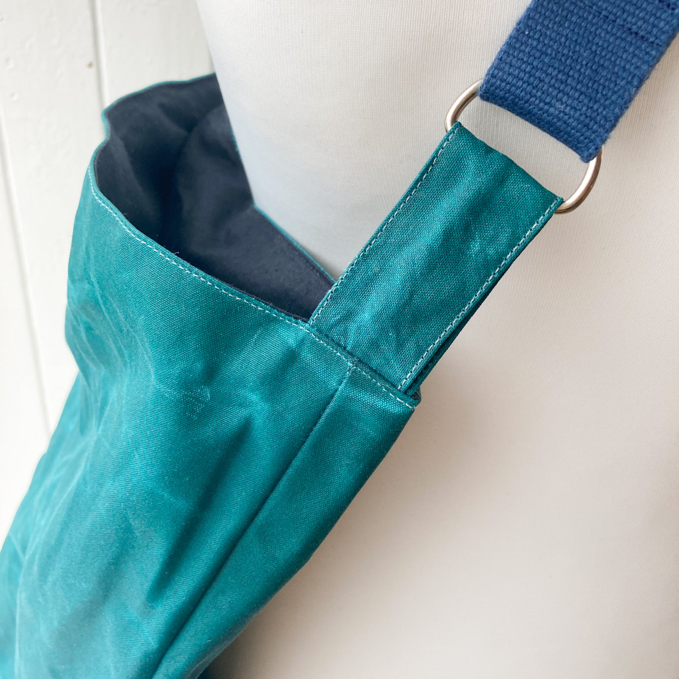 large blue/green with blue strap oilskin bucket bag