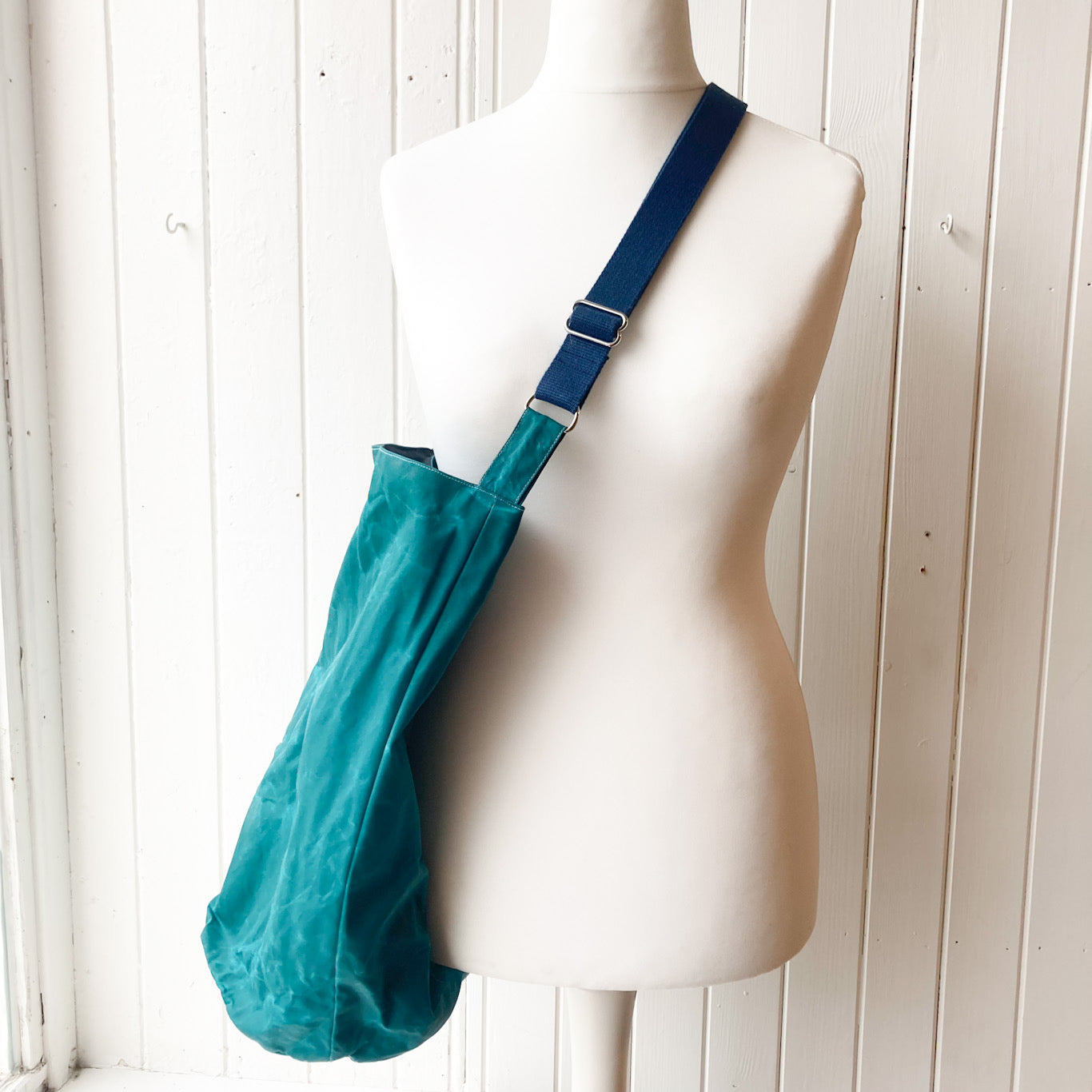 large blue/green with blue strap oilskin bucket bag