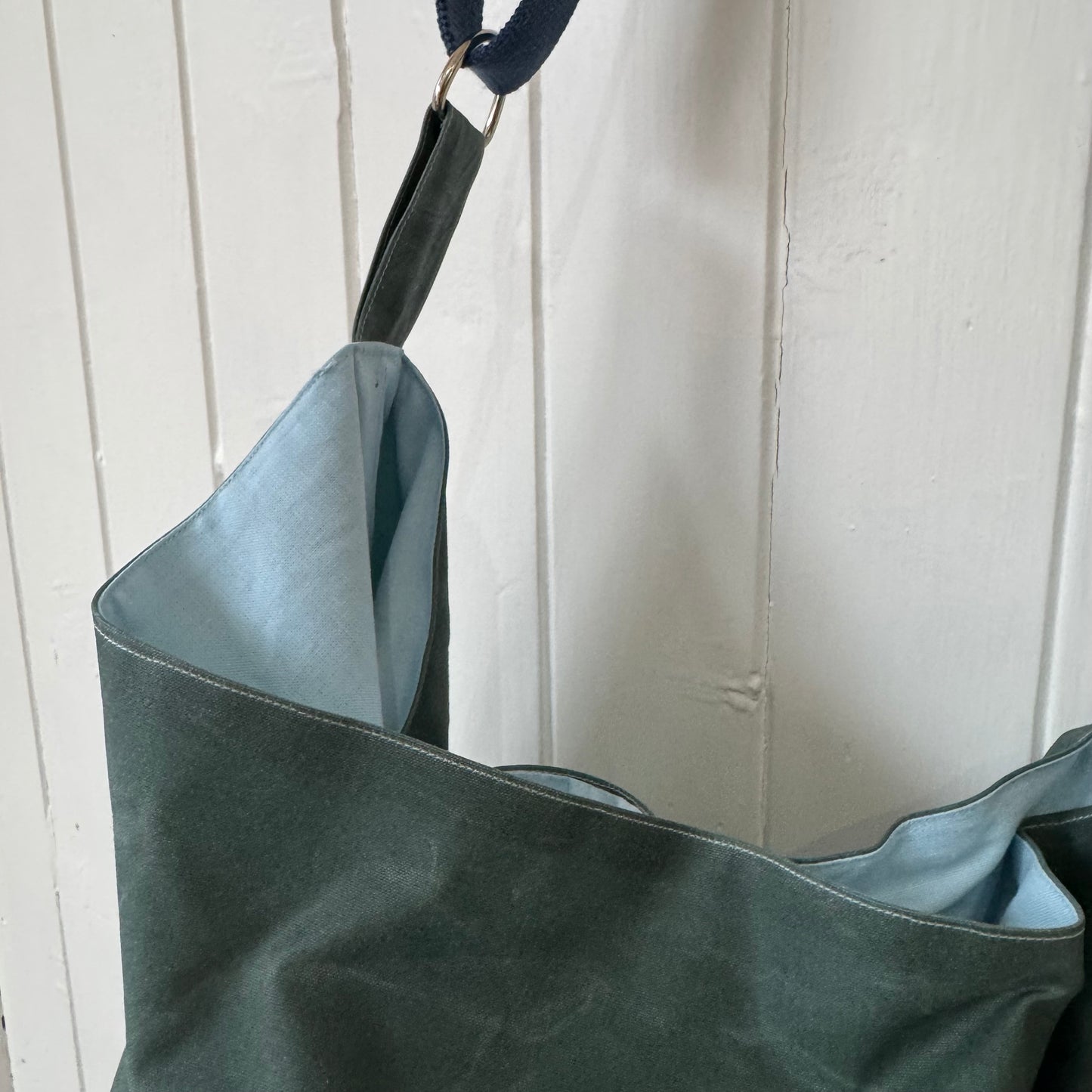 large blue/green oilskin bucket bag