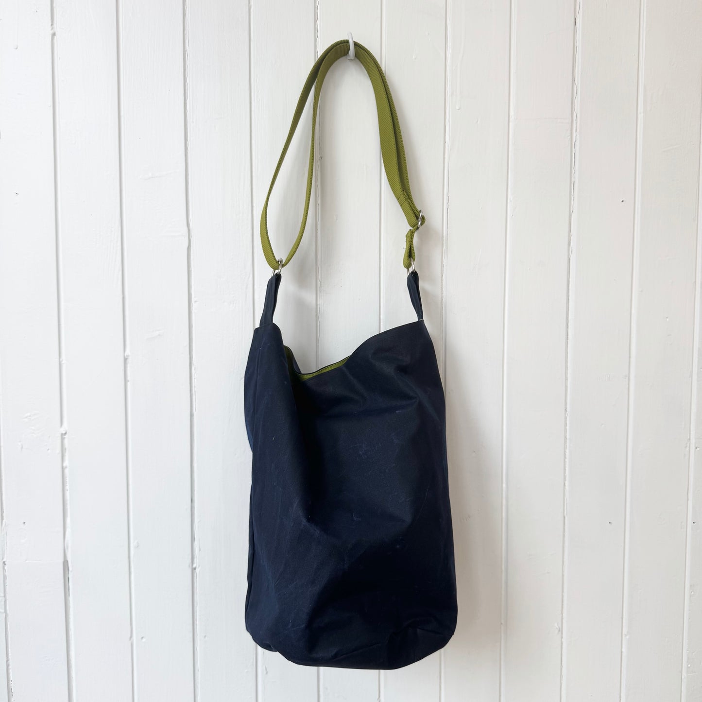 medium dark blue oilskin bucket bag