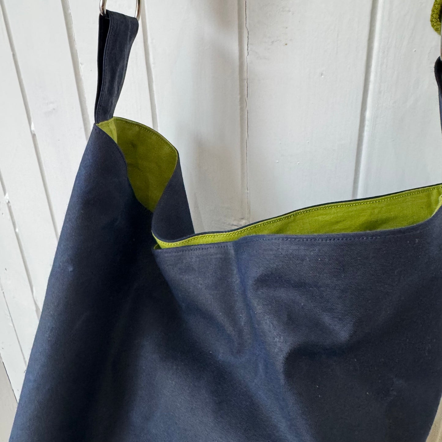medium dark blue oilskin bucket bag