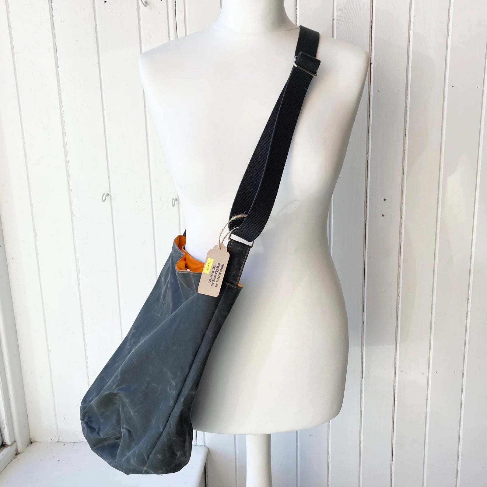 medium grey with yellow strap oilskin bucket bag