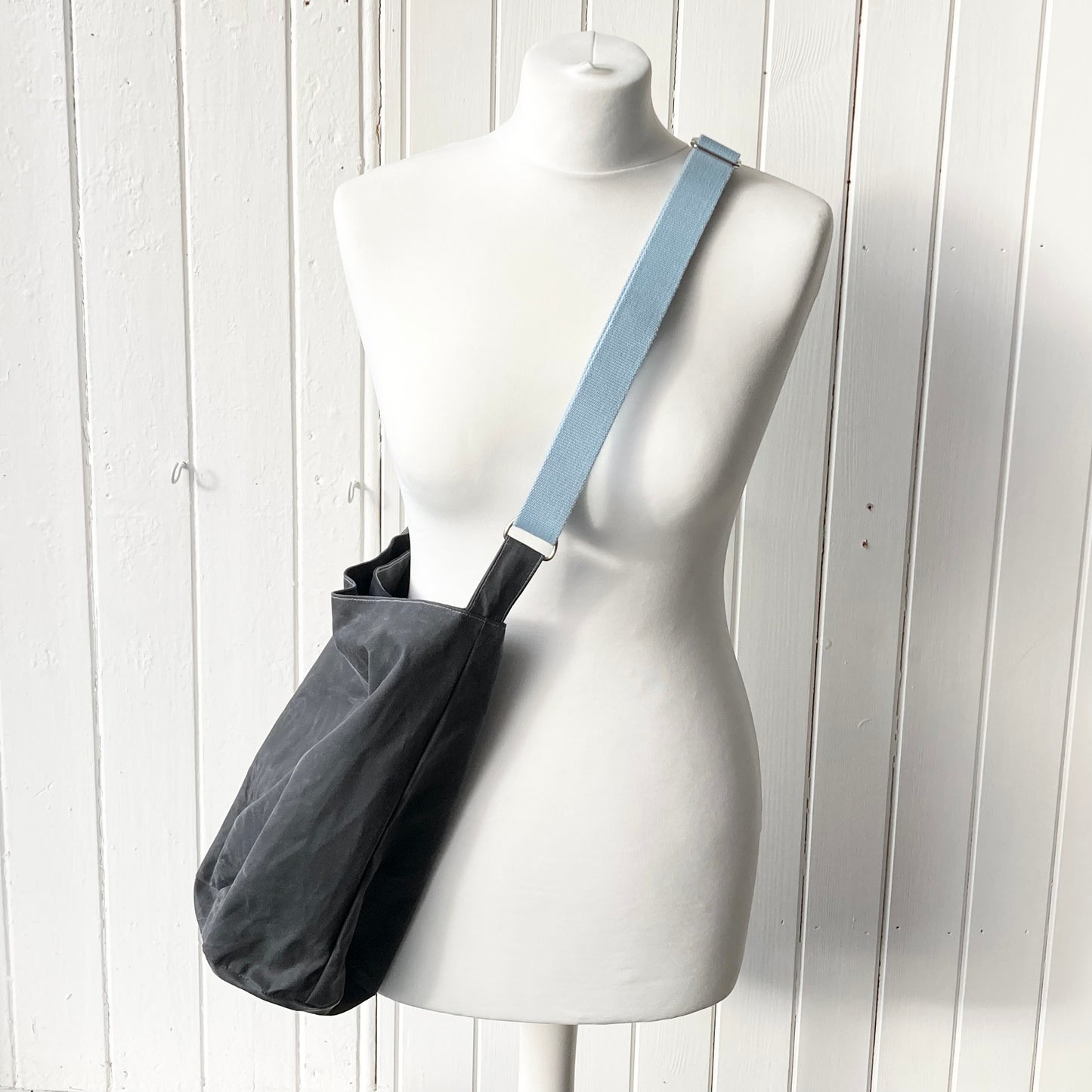 medium grey with blue strap oilskin bucket bag