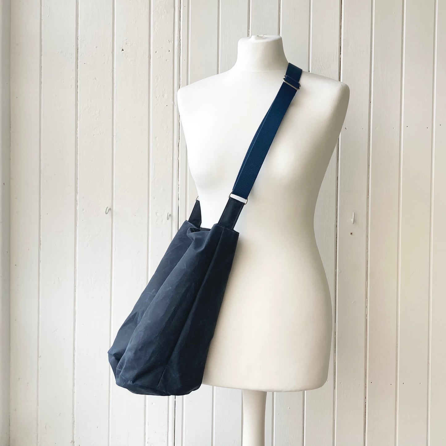 medium navy oilskin bucket bag