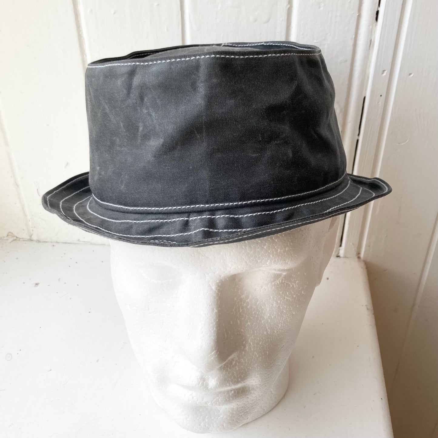 oilskin pork pie hat - large dark grey waxy