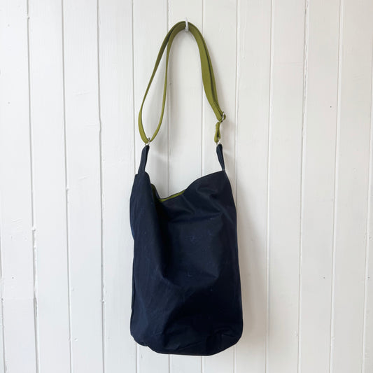 medium dark blue oilskin bucket bag