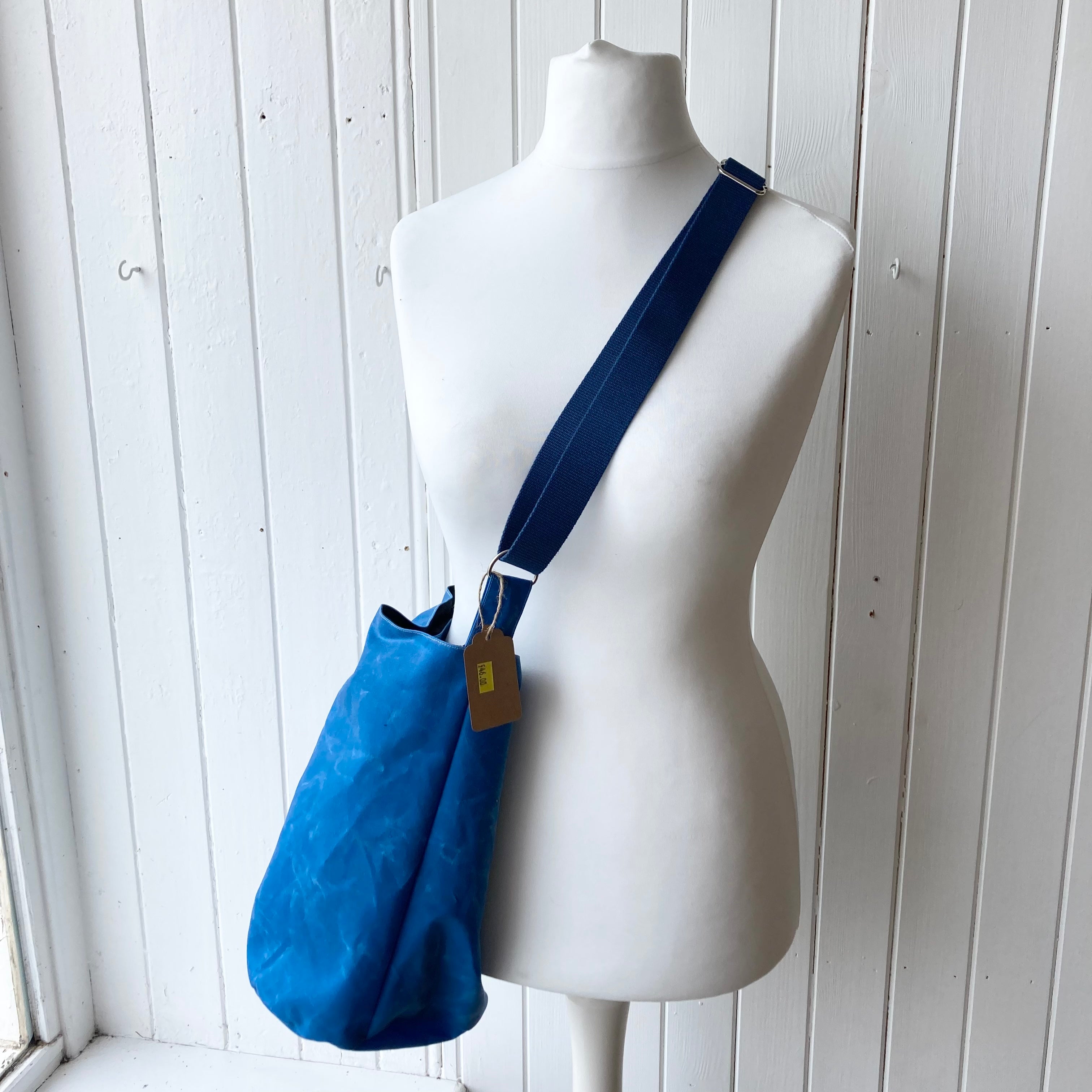 medium bright blue oilskin bucket bag