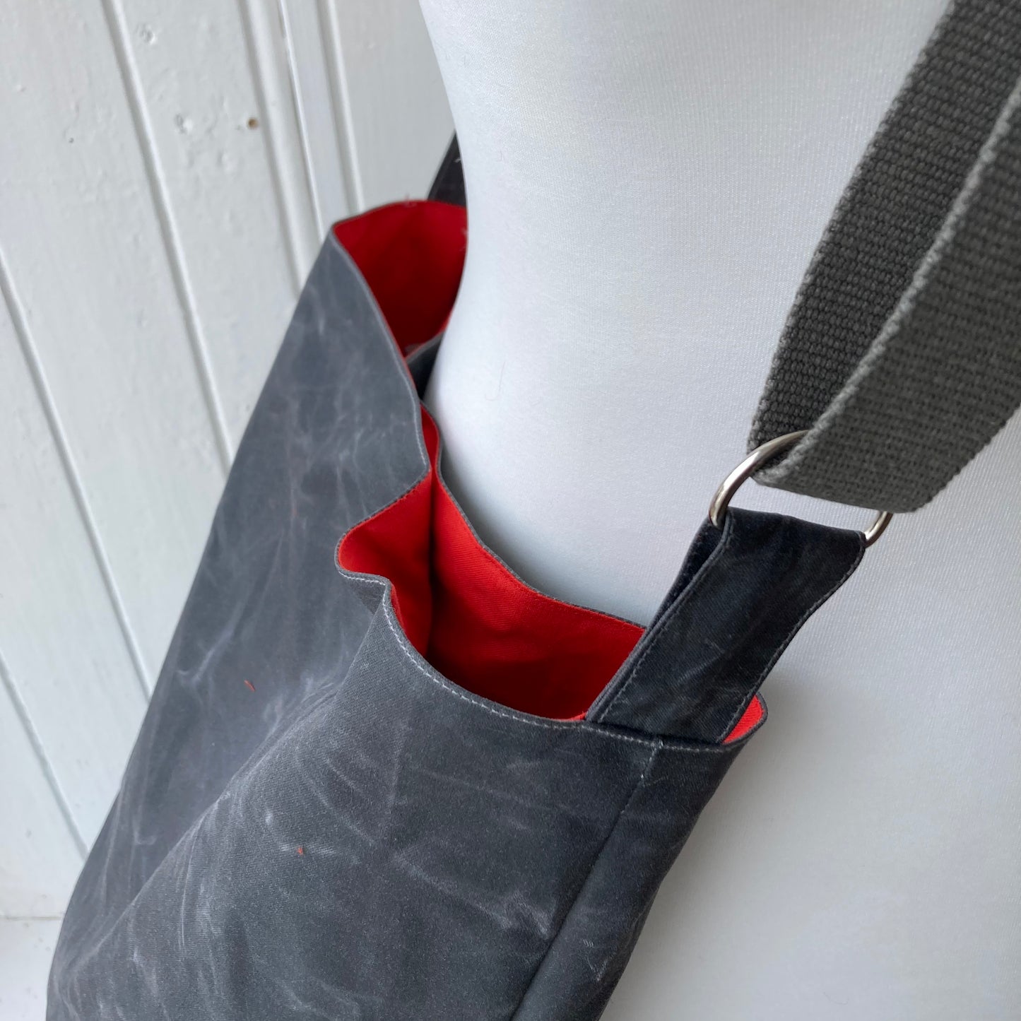 Copy of medium grey oilskin bucket bag with dark orange/red lining